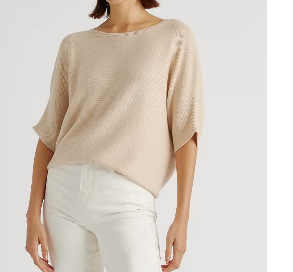 Quince Lightweight Cotton Cashmere Link-Stitch Dolman Sweater (M)